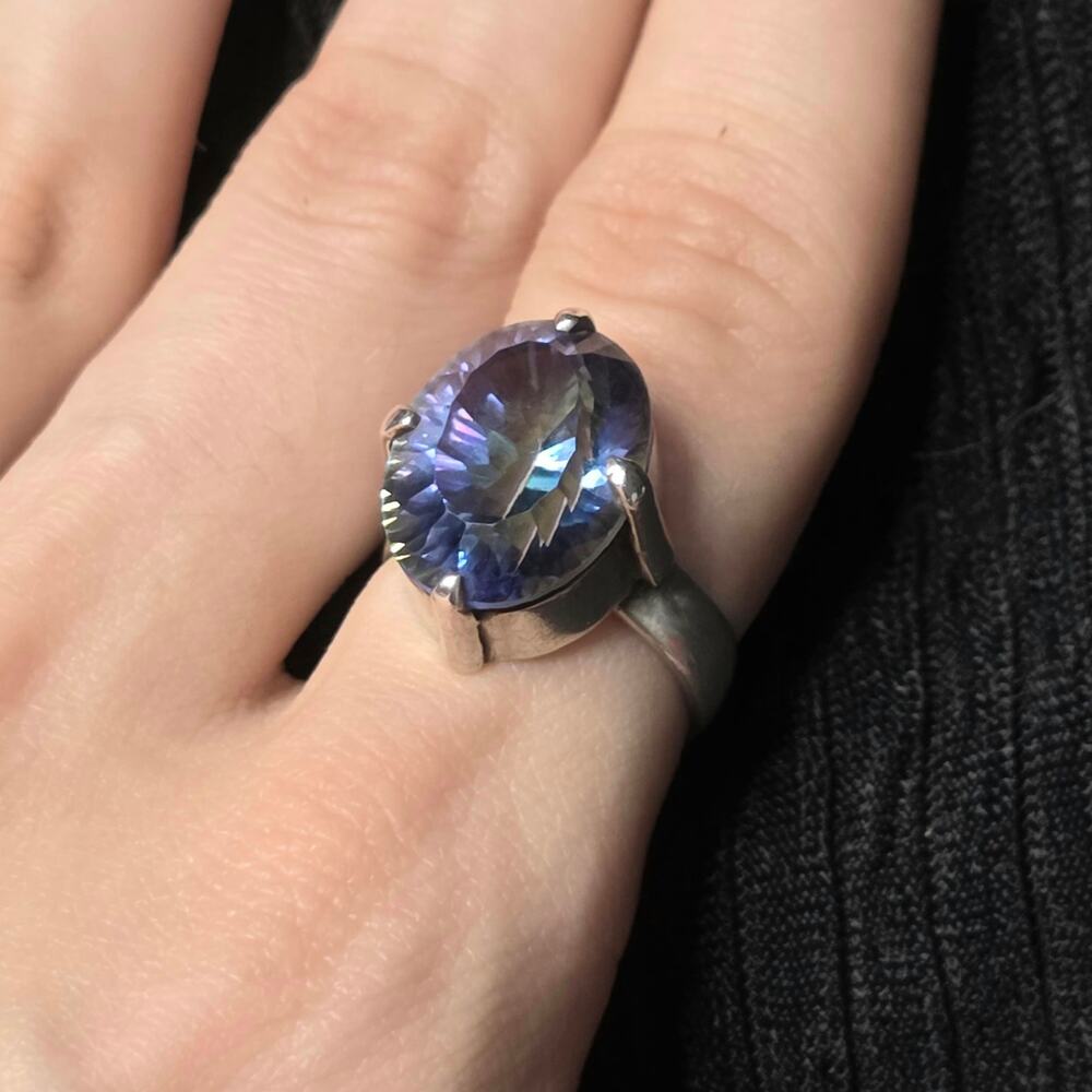 925 Sterling Silver Purple Rainbow Oval Faceted Statement Ring Whimsigoth Gothic